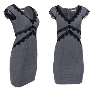 Rebecca Taylor Sheath Dress Virgin Wool Lace Trim Feminine Chic Cap Sleeve 12